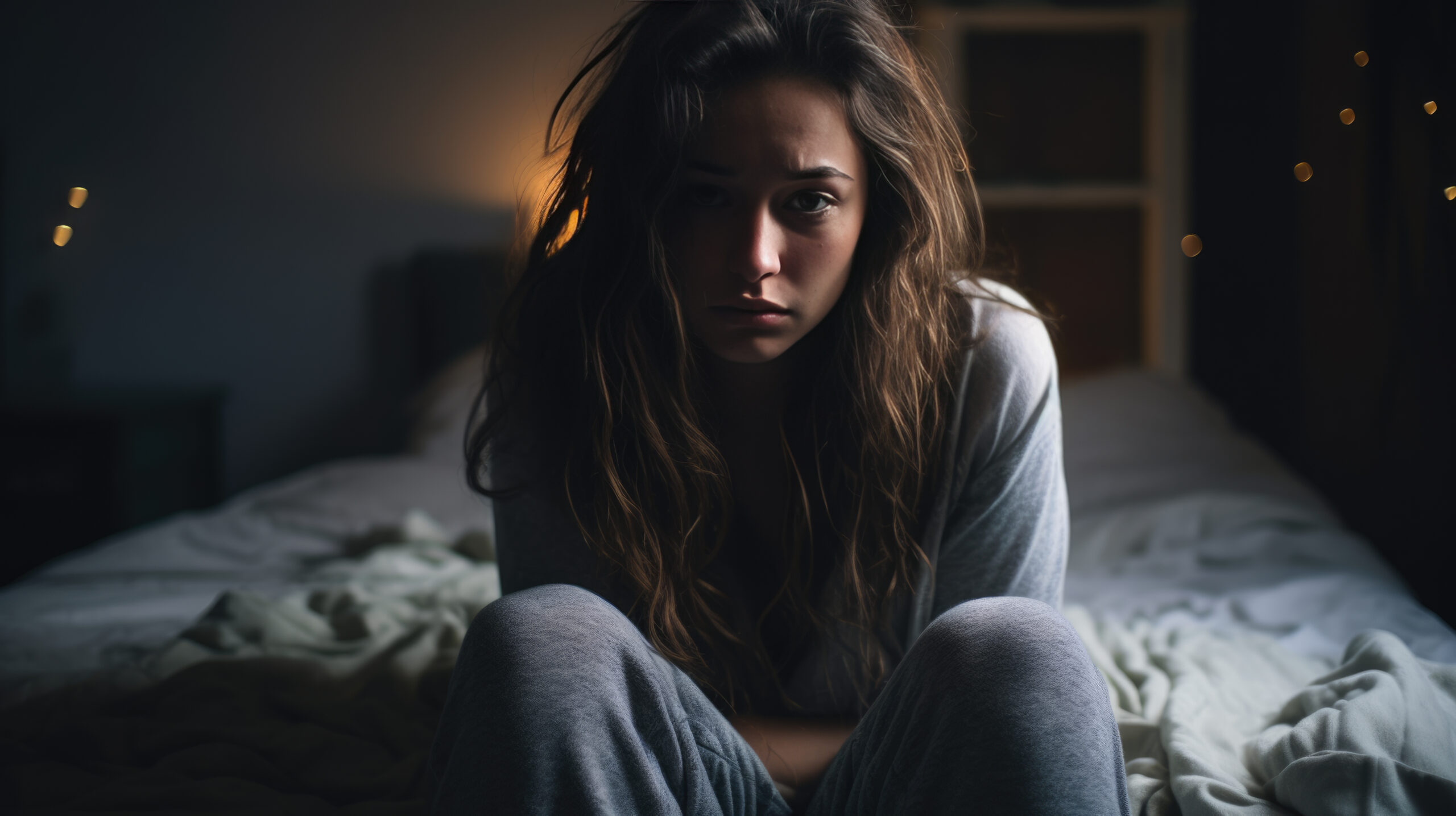 Upset young woman holding stomach while seated on the edge of the bed