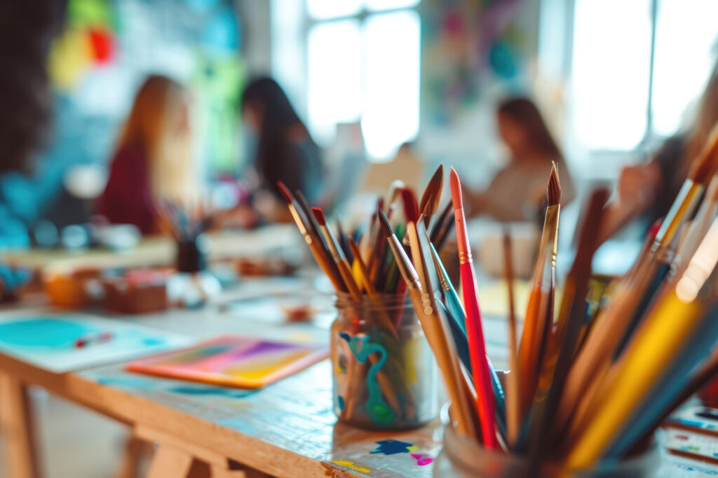 Soft focused photograph of art supplies within a classroom where a group of students are creating art projects for self-care