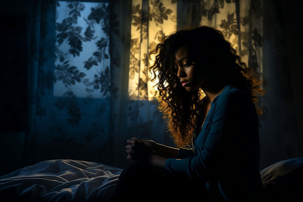 Sad woman sitting on bed in blueish dark room with golden light source outside shining through plant print curtain