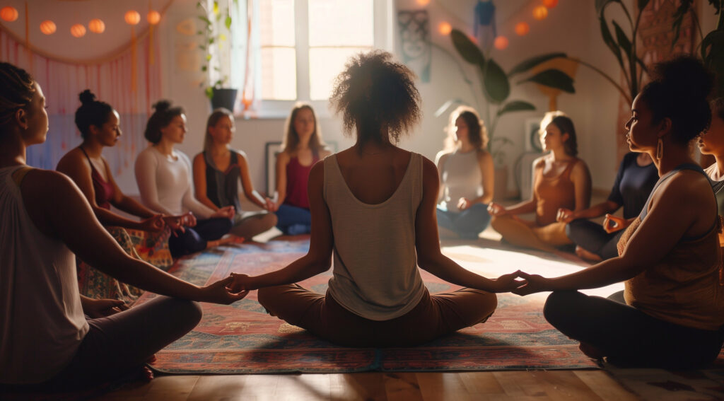 Group of women relaxing and meditating in lotus pose in a holistic wellness retreat