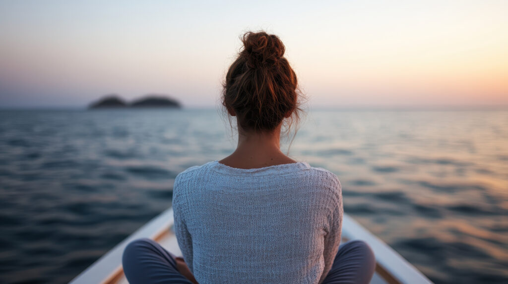 Back few of restful woman contemplating a sober new year in a canoe