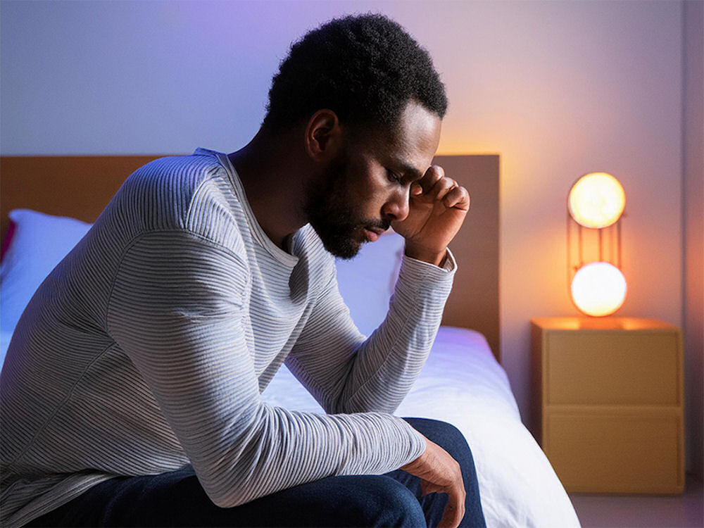 Man holding head while sitting on the edge of a white bed