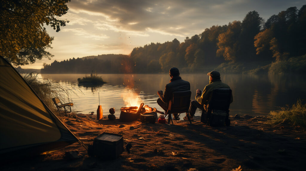 Two people in camping chairs next to a campfire watching the sun set over a forested lake